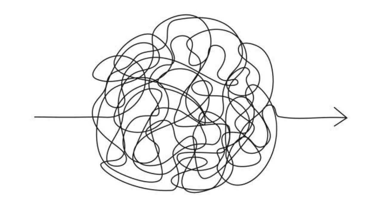 Vector symbol of complicated way with scribbled round element, chaos sign, pass the way linear arrow with clew or tangle ball in center